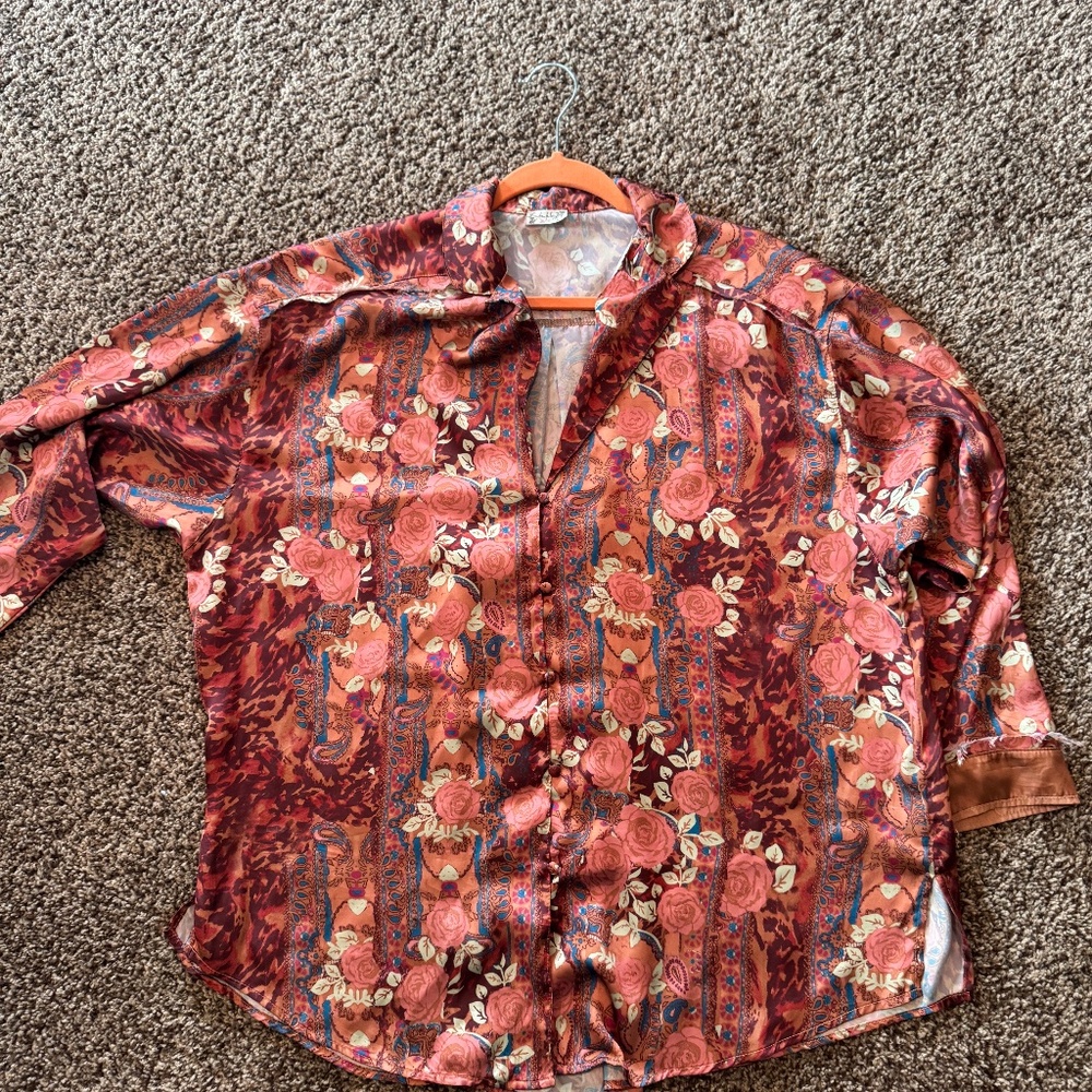 Free People Boho Floral Satin Blouse Tunic | Rust Paisley Print